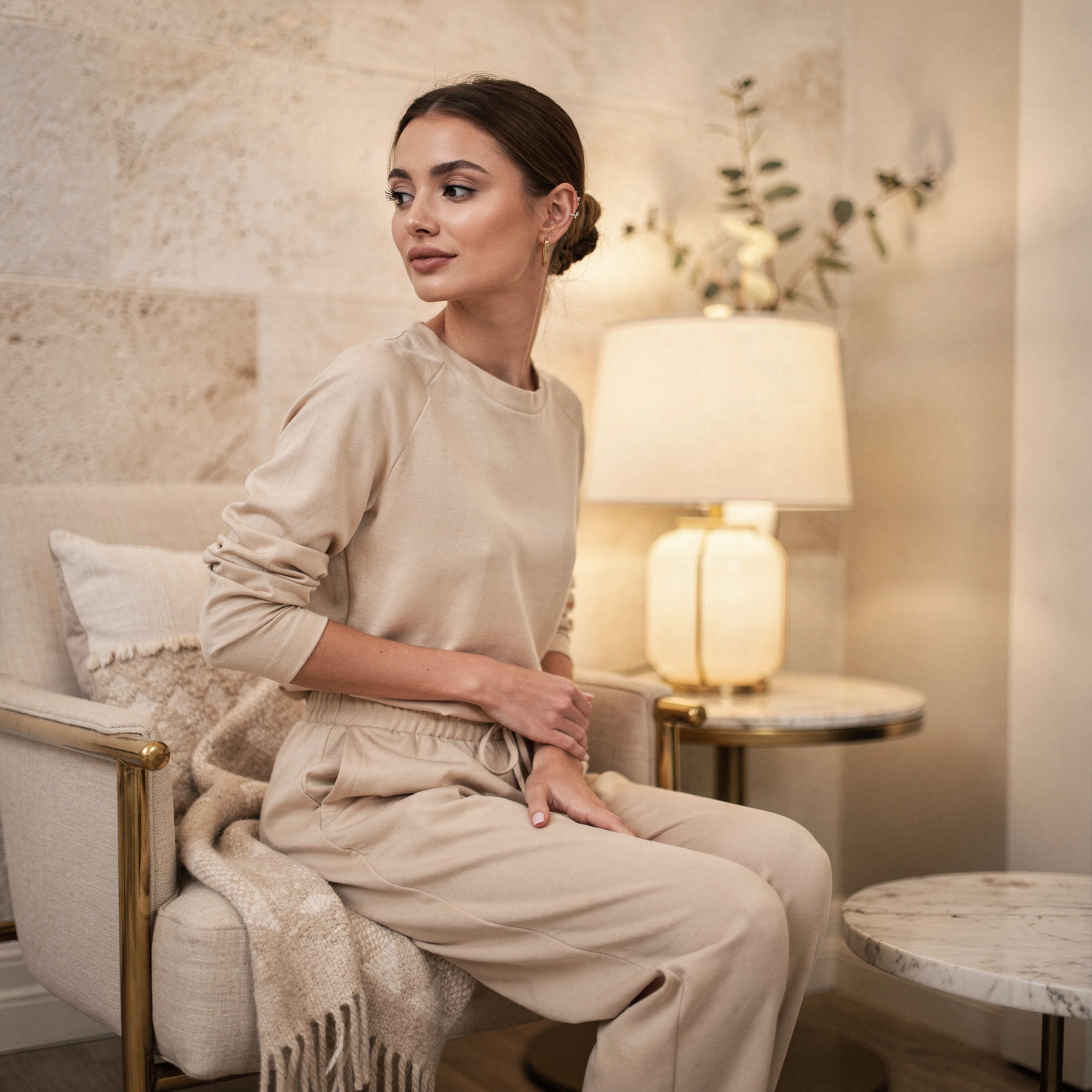 Woman in neutral loungewear sitting in a calm, warmly-lit room with marble accents and decorative plants